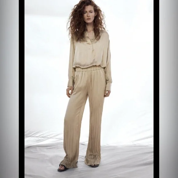 Zara Satin Pants Large Taupe Wide Leg Elastic Waist Lightweight Wrinkle Effect - Picture 4 of 16